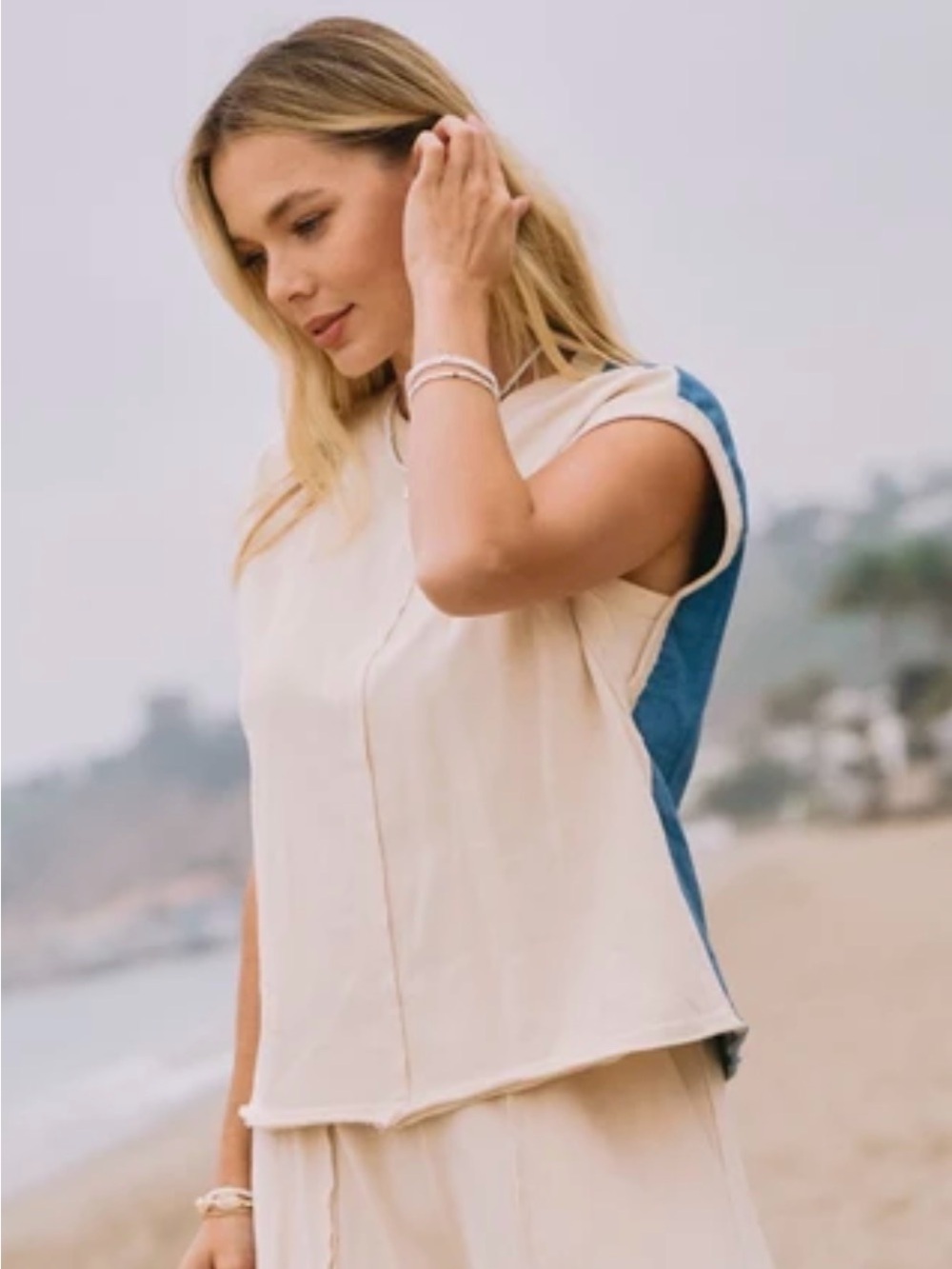 Two-Tone Cream & Blue Sleeveless Tank Top